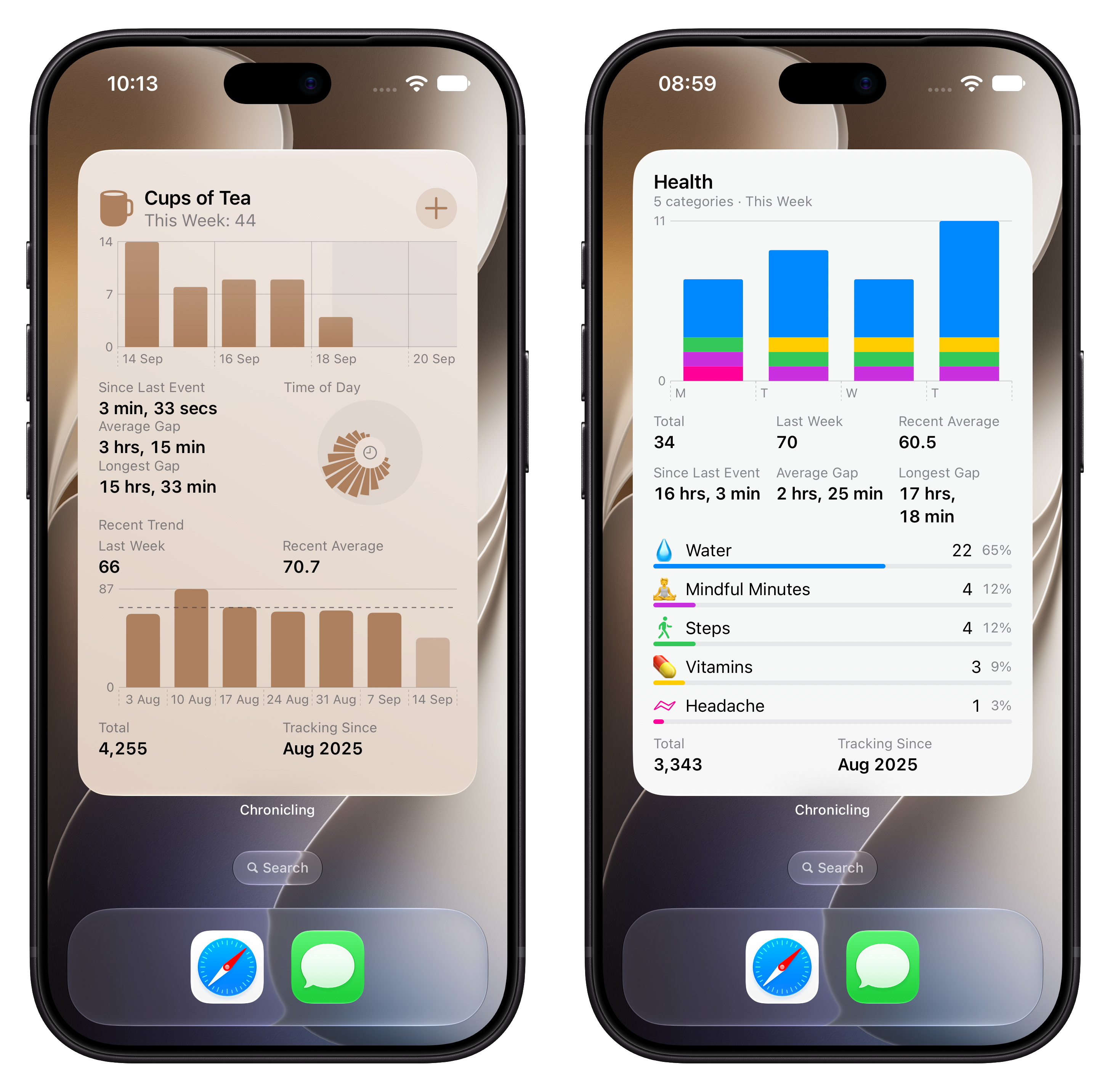 Two iPhones showing extra large portrait Chronicling widgets on the home screen: a Cups of Tea category widget with chart, gaps and trend, and a Health group widget with a stacked chart and per-category breakdown