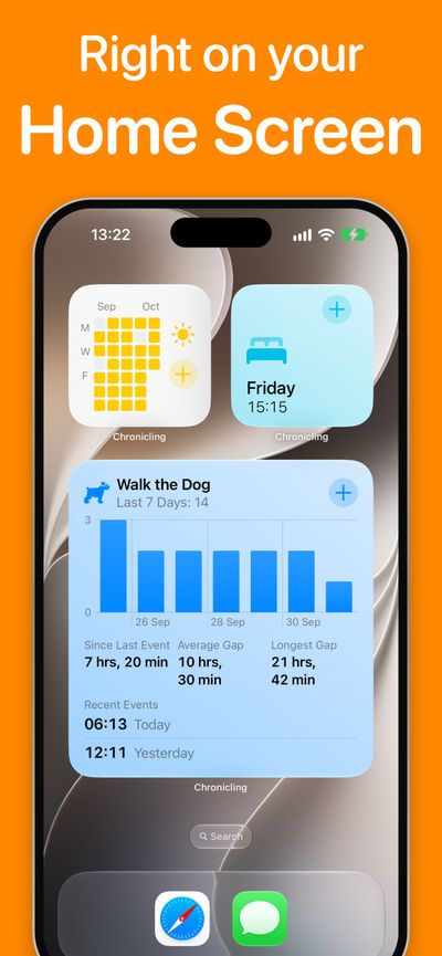Chronicling App Store screenshot titled 'Right on your Home Screen' showing home screen widgets including an activity grid, a Change Bed Sheets quick log widget and a large Walk the Dog widget with a bar chart and statistics