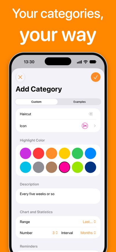Chronicling App Store screenshot titled 'Your categories, your way' showing the Add Category screen creating a Haircut category with a custom icon, highlight color and a three month chart range