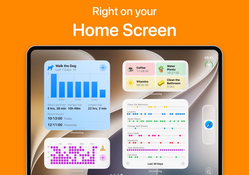 Chronicling iPhone Duo App Store screenshot titled 'Right on your Home Screen' showing home screen widgets including a Walk the Dog bar chart, quick log buttons, a Meditate activity grid and a 30 day timeline of categories
