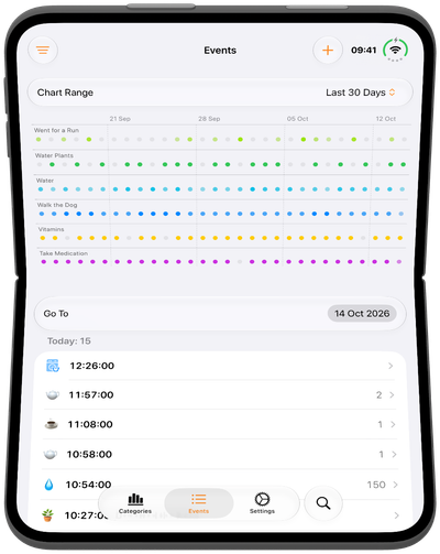 Chronicling on a half-folded iPhone Duo propped up like a laptop, with the Events view's 30 day timeline above the fold and today's events list on the lower half