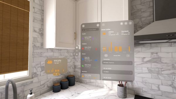 Screenshot from the Vision Pro simulator showing the main Chronicling window and a Drink Coffee pop out in front of a kitchen